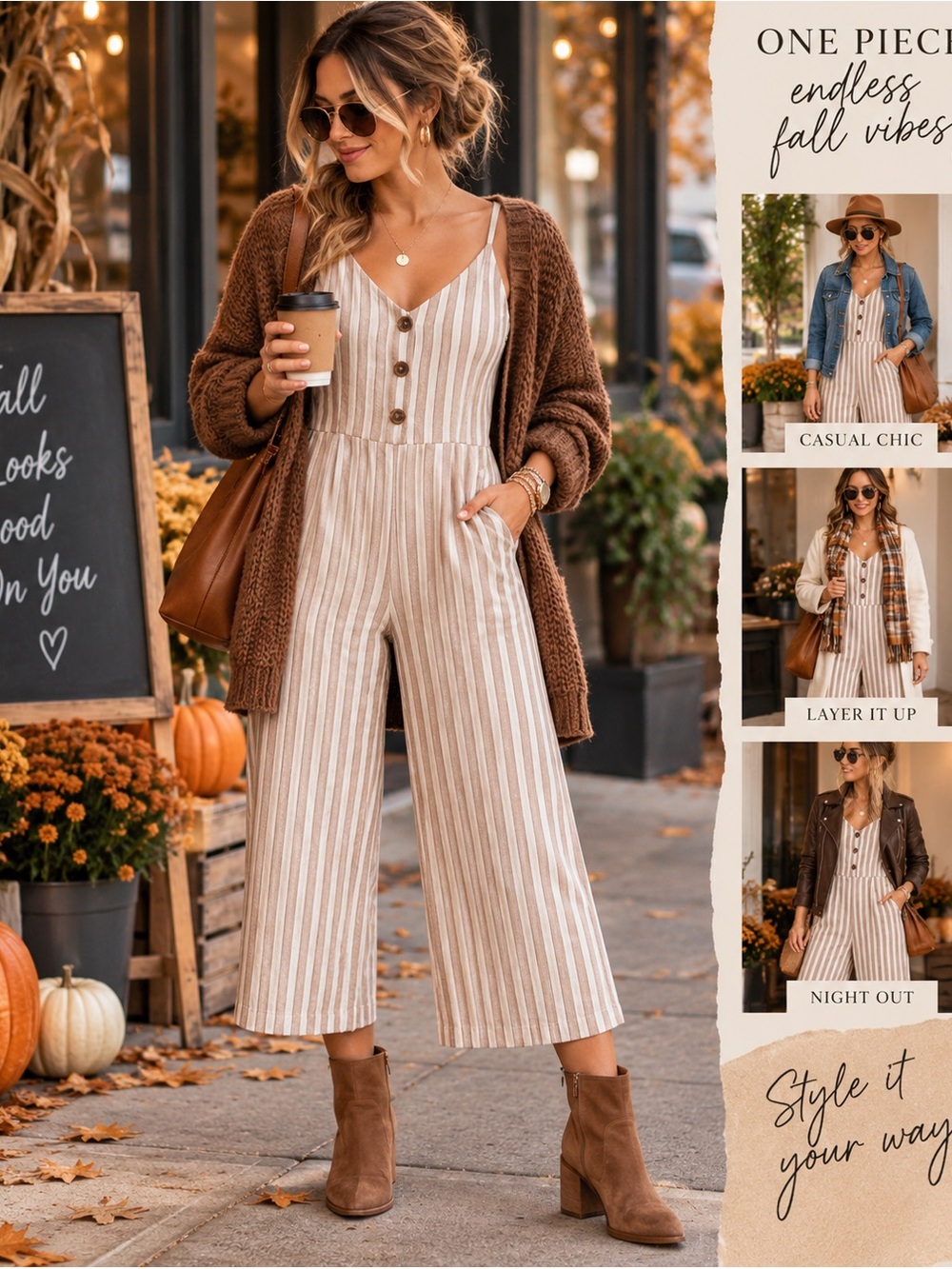 Universal Thread Striped Wide Leg Jumpsuit Brown White Button Front Fall Boho